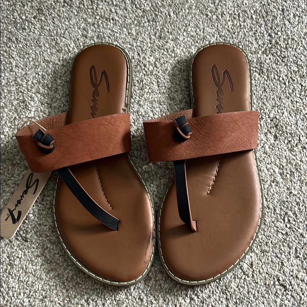 Seven7 Brown Leather Sandals with Black Strap